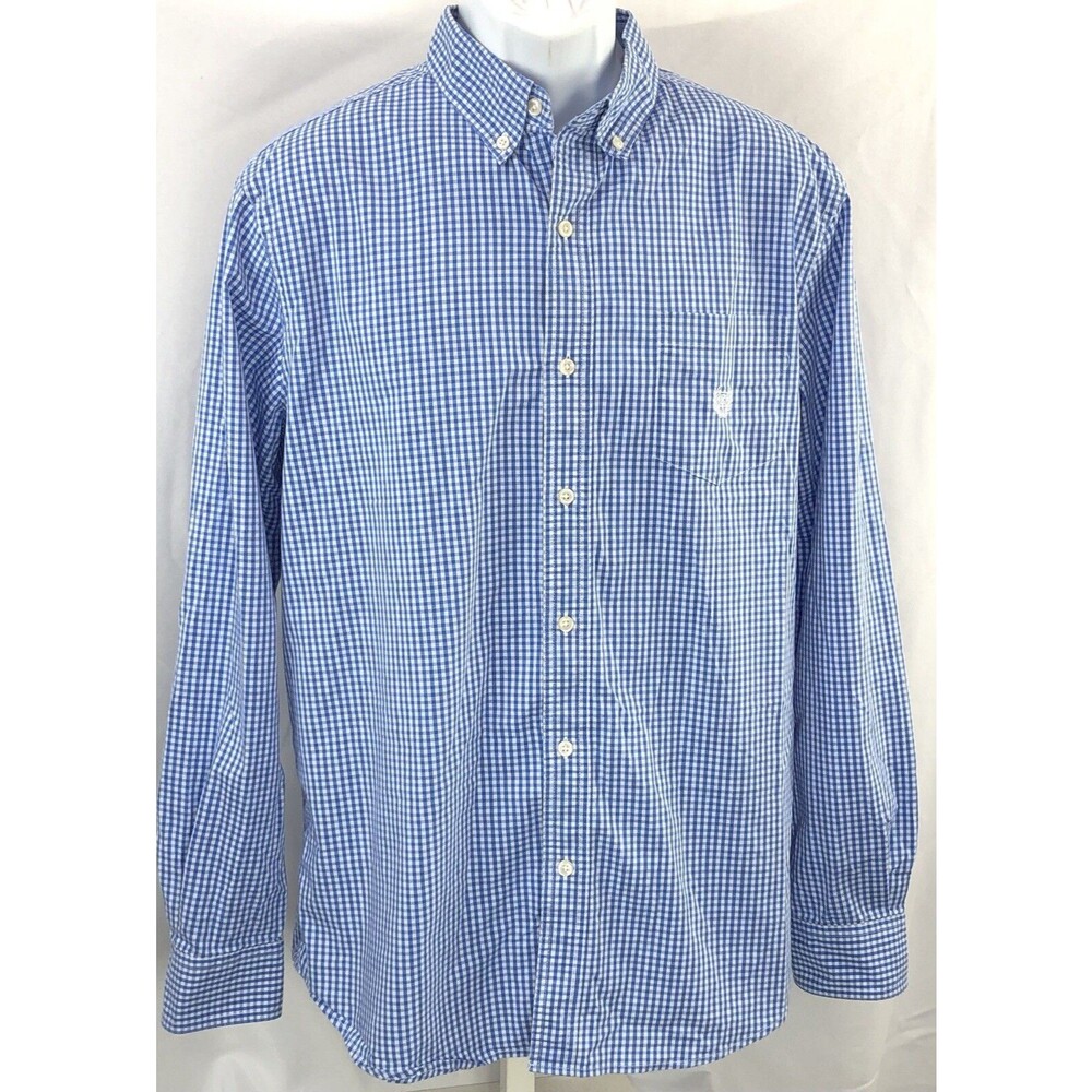 RL Chaps Oxford Button Up L Blue White Gingham Plaid Long Sleeve Pocket Preppy